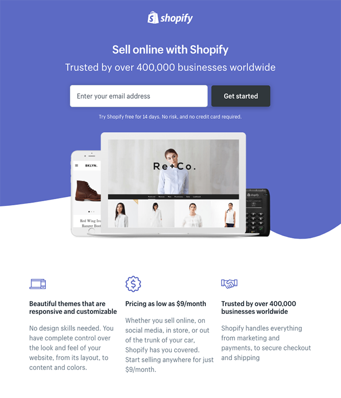 Shopify trang đích đăng ký