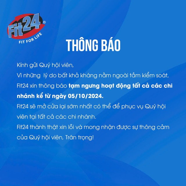 Thông báo tạm ngừng hoạt động của Fit24