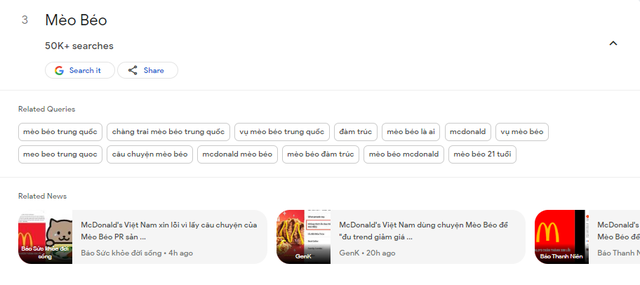McDonald's lọt top tìm kiếm Google cùng với từ khóa về câu chuyện của Mèo Béo