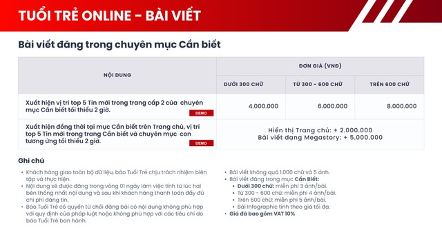 B&aacute;o gi&aacute; b&agrave;i PR tr&ecirc;n B&aacute;o Tuổi Trẻ Online