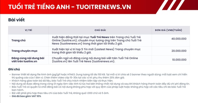 B&aacute;o gi&aacute; b&agrave;i PR tr&ecirc;n B&aacute;o Tuổi Trẻ