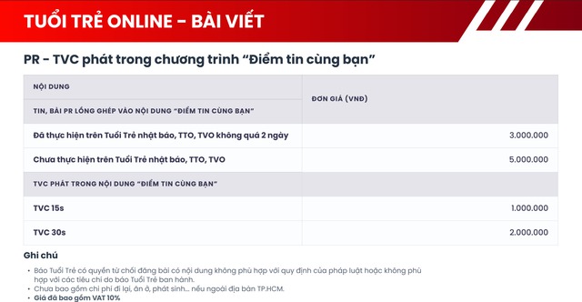 B&aacute;o gi&aacute; b&agrave;i PR tr&ecirc;n B&aacute;o Tuổi Trẻ Online