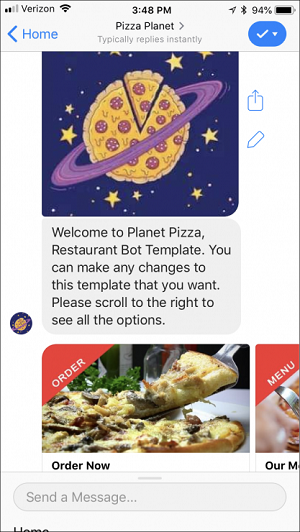 Facebook Messenger Pizza Planet bot