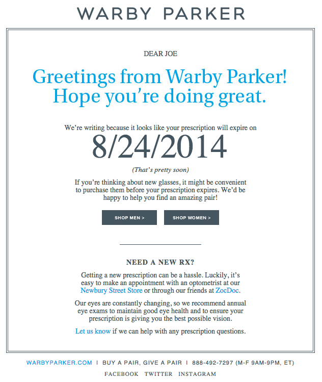 mẫu email marketing giới thiệu sản phẩm của Warby Parker