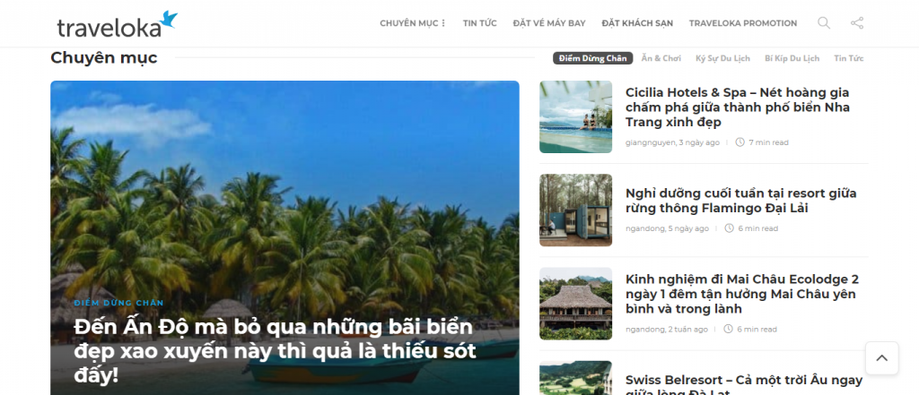 Các blog du lịch được kết hợp trên website của traveloka