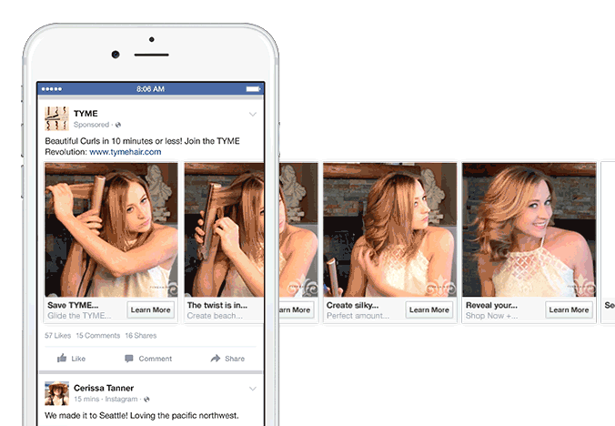 Những cách ứng dụng tuyệt vời trên Facebook của quảng cáo Carousel là gì? Tyme Hair đã sử dụng quảng cáo xoay vòng để giới thiệu cách sử dụng một trong những sản phẩm máy làm xoăn tóc