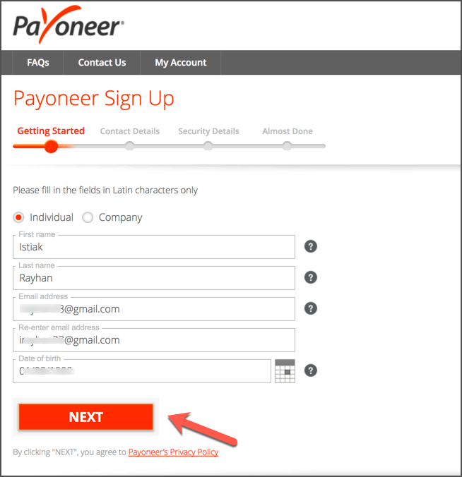 Giao diện đăng ký payoneer - Thông tin cá nhân