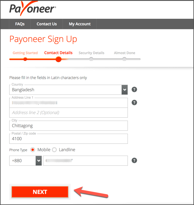 Giao diện đăng ký payoneer - Thông tin địa chỉ