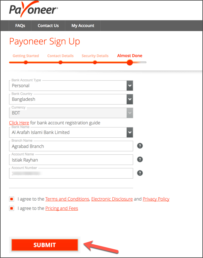 Giao diện đăng ký payoneer - Cung cấp thông tin ngân hàng