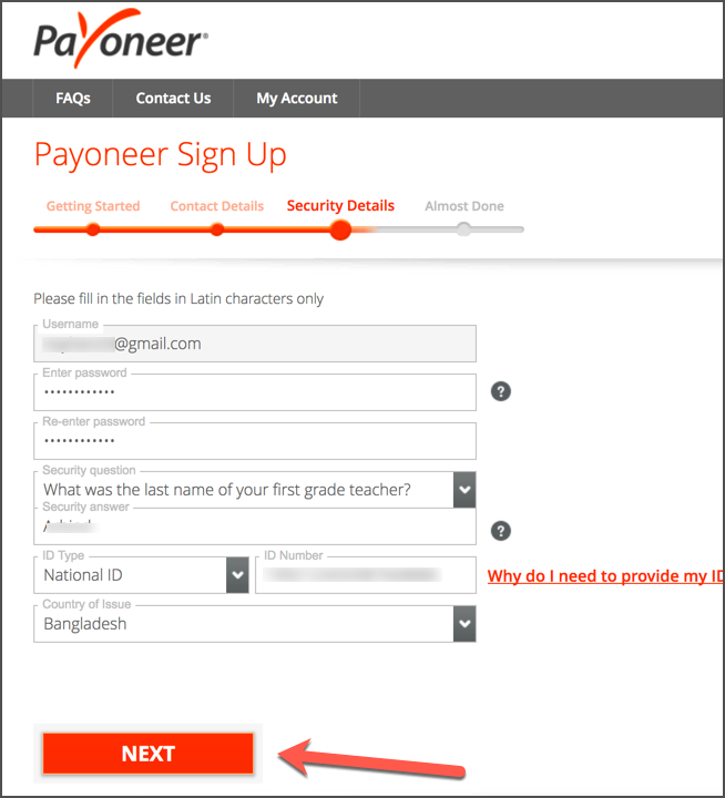 Giao diện đăng ký payoneer - Đăng ký thông tin quốc gia