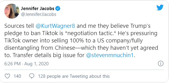Phóng viên Jennifer Jacobs của Bloomberg News bày tỏ quan điểm trên Twitter