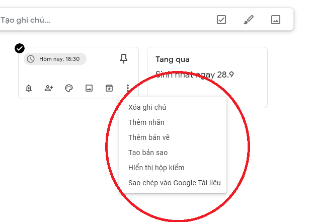 Các tùy chọn ẩn trong dấu ba chấm - Google Keep