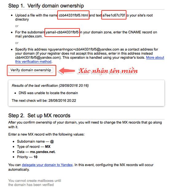 Xác nhận tên miền sau khi thêm vào yandex mail