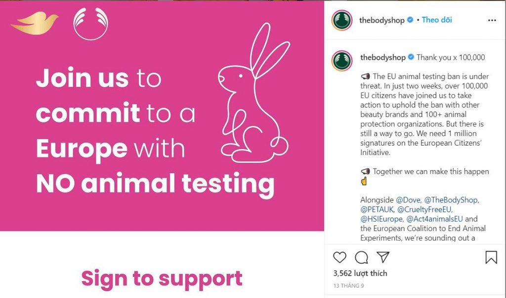 The Body Shop triển khai chiến dịch ngừng thử nghiệm trên động vật