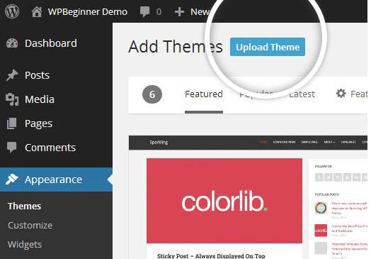 Sau khi nhấp vào nút Add New, hãy chọn nút Upload Theme.