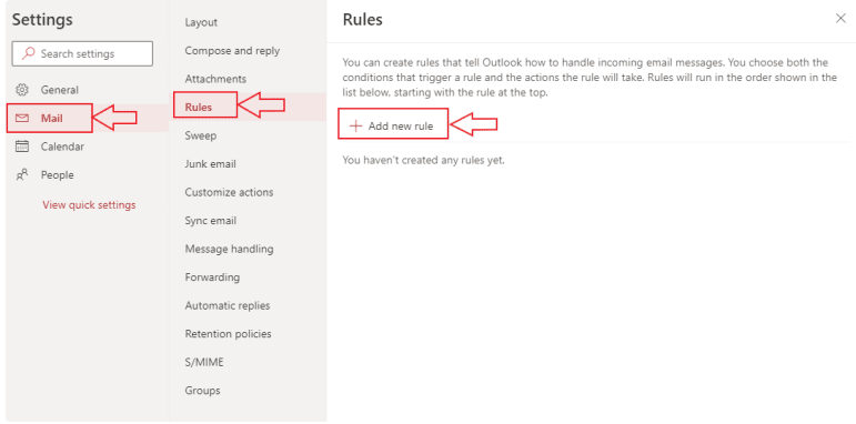 Chọn mục Mail, vào Rule để Add new rule.