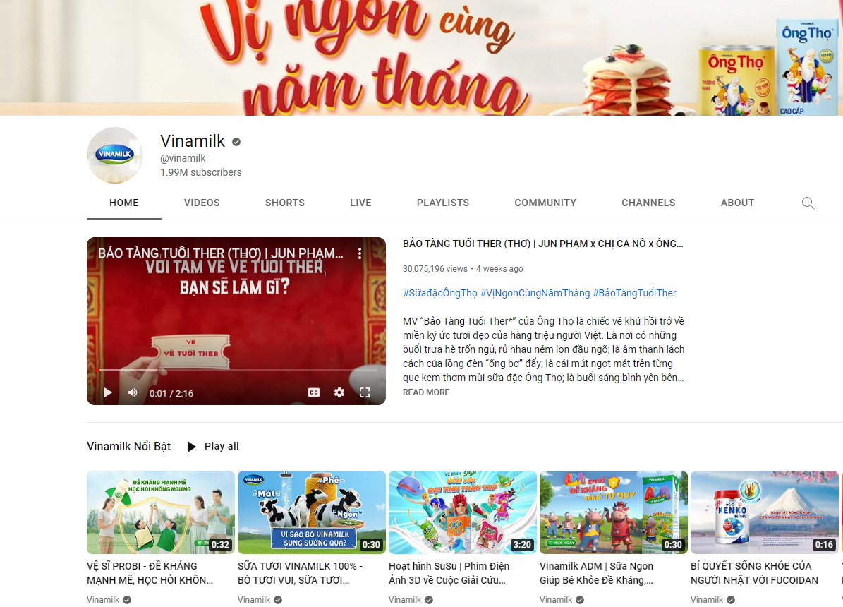 Trang chủ của Vinamilk và kênh Youtube của Vinamilk với 1,99 triệu người đăng ký
