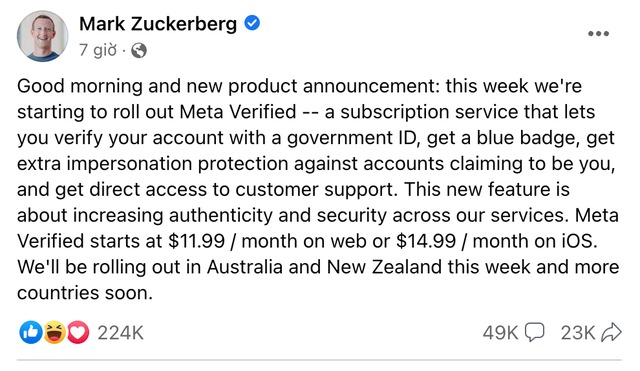 Thông báo về dịch vụ Meta Verified được CEO Meta - Mar Zuckerberg viết trên facebook