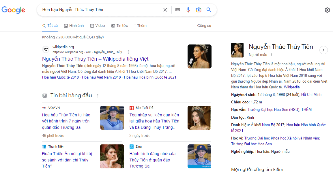 Ví dụ như khi tìm kiếm về Hoa hậu Thùy Tiên, Google sẽ cung cấp các tệp thông tin SERP